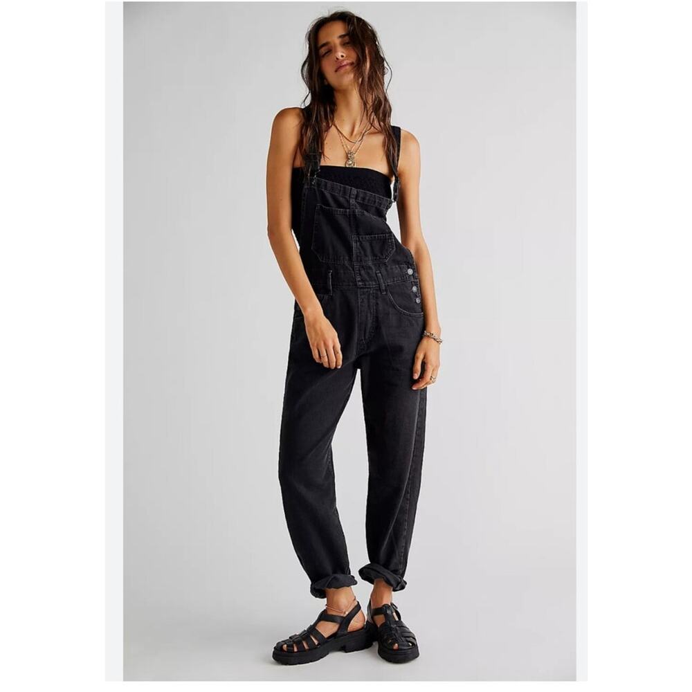 Free People Black Denim Ziggy Overalls